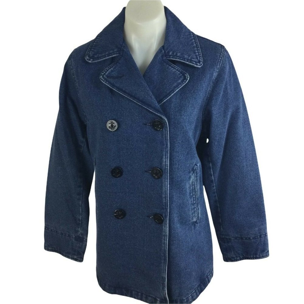 BRANDON THOMAS Blue Denim Double Breasted Cotton Coat Jacket Womens Size Small